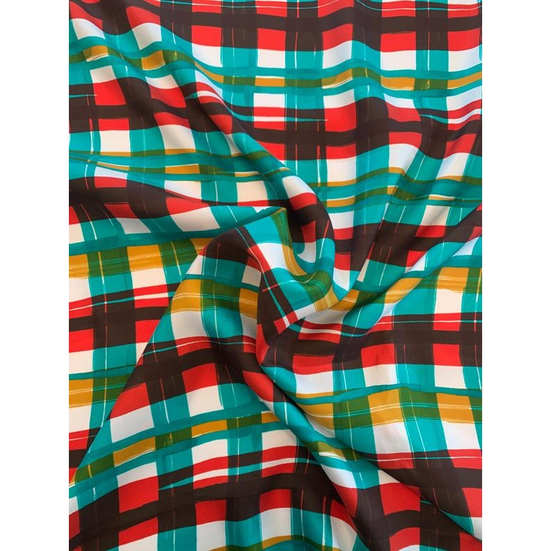 Painterly Plaid Printed Mini Silk Twill – Red / Jade / White / Mustard Fabric by the Yard