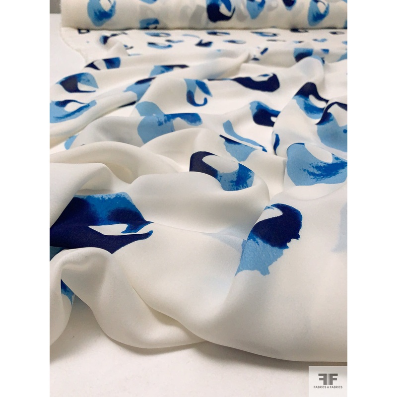 Painterly Spots Printed Silk Georgette – Navy / Blues / Off-White Fabric by the Yard