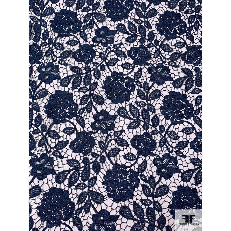 Pamella Roland Double-Scalloped Floral Guipure Lace with Light Cording – Dusty Navy Fabric by the Yard