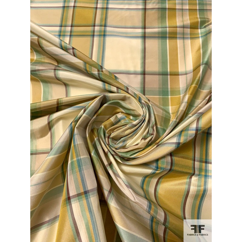 Plaid Yarn-Dyed Silk Taffeta – Olive-Chartreuse / Antique Greens / Tans Fabric by the Yard