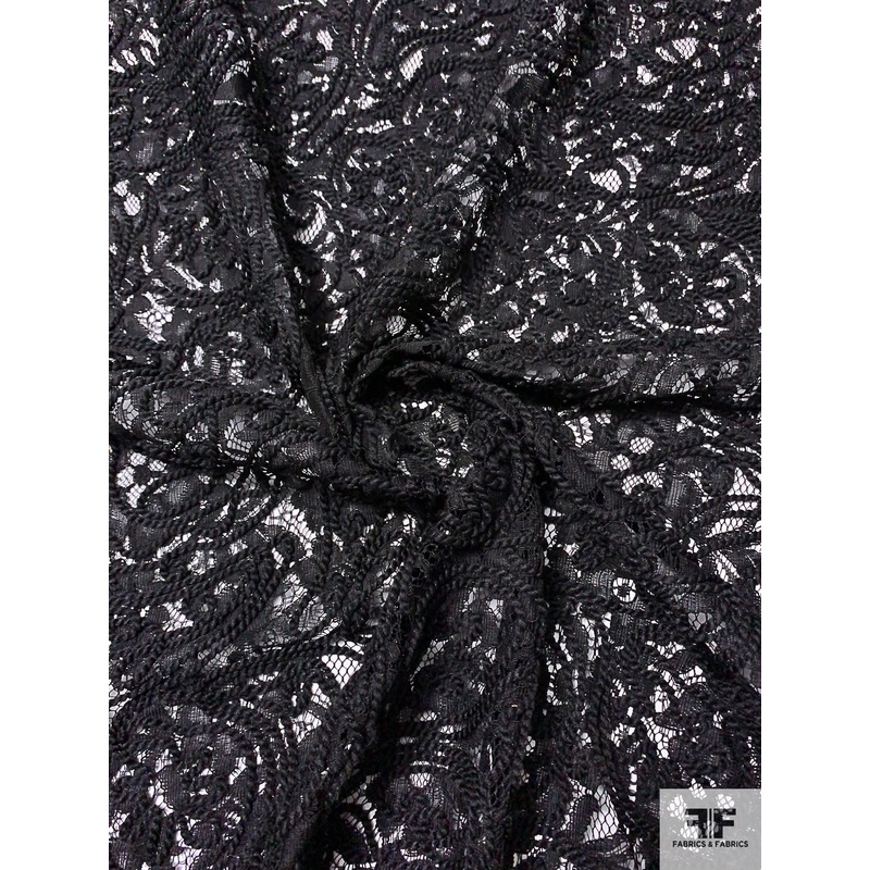Stitched Braid on Floral Lace – Black Fabric by the Yard