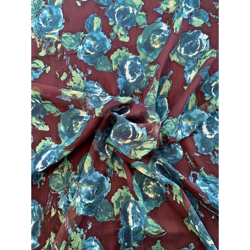 Watercolor Floral Printed Crinkled Silk Chiffon – Teal / Green / Maroon Fabric by the Yard