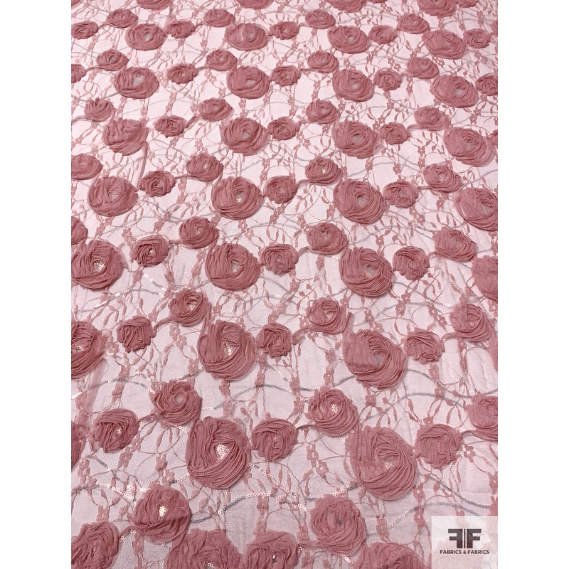 3D Floral Embroidered Ribbon, Tulle, and Sequins on Lace – Dusty Pink Fabric by the Yard