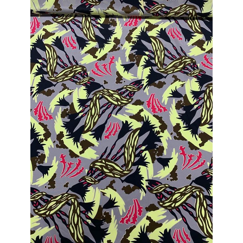 Abstract Floral Printed Silk Crepe de Chine – Grey / Yellow / Magenta / Black Fabric by the Yard