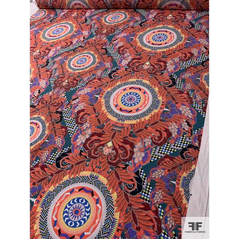 Famous NYC Designer Boho Evil Eye Inspired Printed Polyester Crepe de Chine – Coral / Purple / Dusty Teal Fabric by the Yard