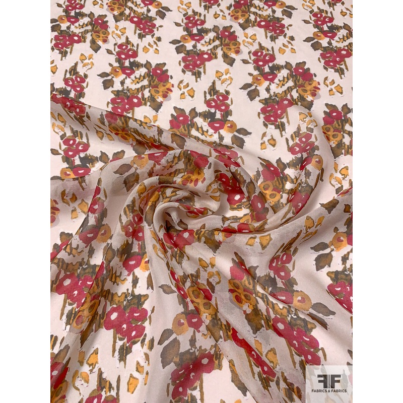 Floral Printed Silk Chiffon – Cranberry / Marigold / Olive / Off-White Fabric by the Yard