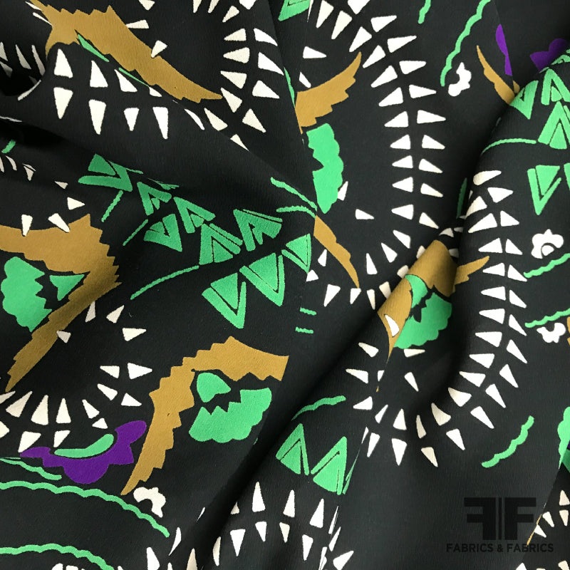 Italian Abstract Silk Georgette- Black/Green/White/Mustard Fabric by the Yard
