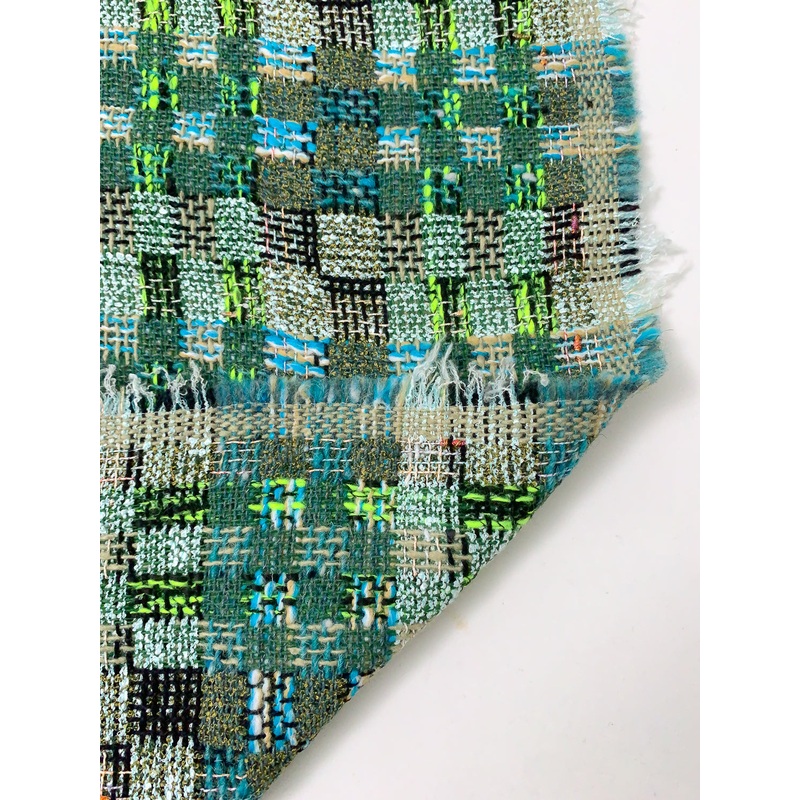 Italian Basketweave Novelty Tweed – Greens / Turquoise / Black / White / Beige Fabric by the Yard
