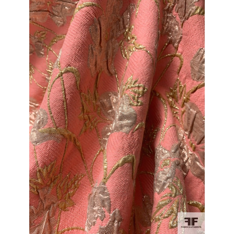 Italian Floral Landscape Textured Metallic Brocade – Salmon / Light Gold / Yellow Gold Fabric by the Yard