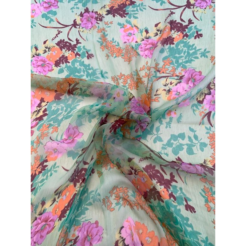 Italian Floral Printed Crinkled Silk Chiffon – Green / Pink / Orange / Wine Fabric by the Yard