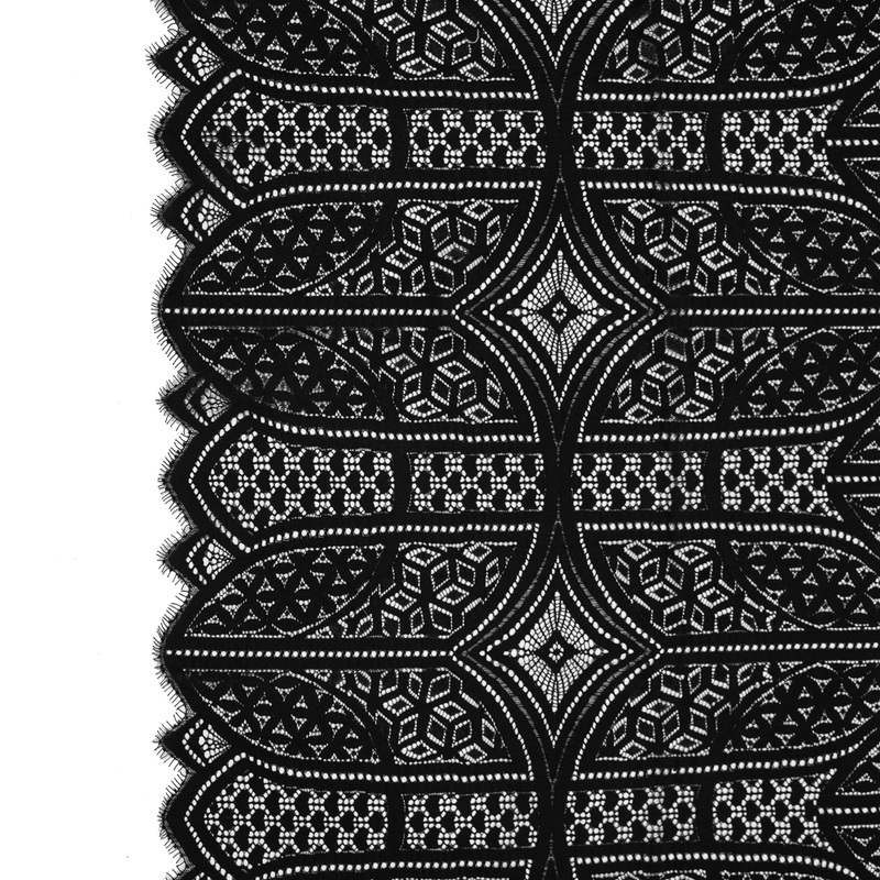Lace with Finished Eyelash Edges – Black Geometric