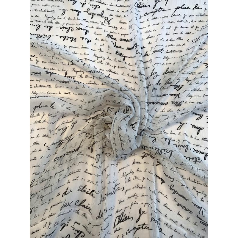Love Letters in French Printed Crinkled Silk Chiffon – Off-White / Black Fabric by the Yard