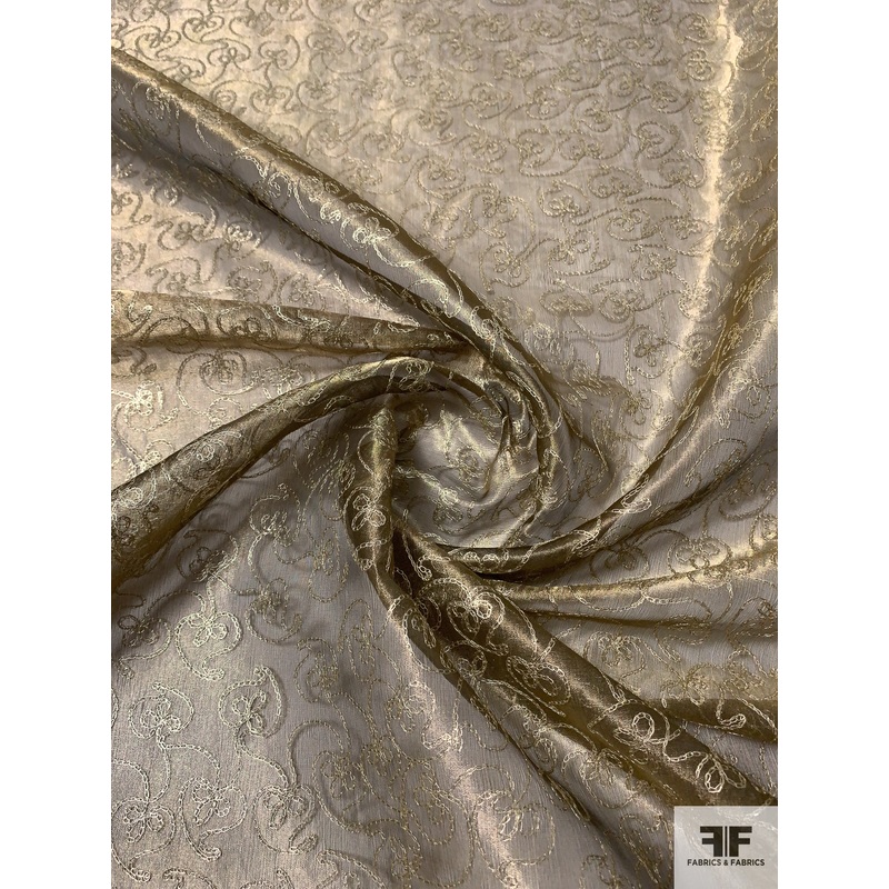 Metallic Organza with Intricate Metallic Thread Embroidery – Antique Gold / Black Fabric by the Yard