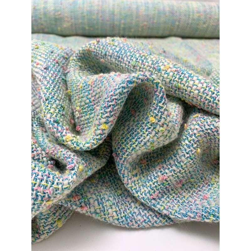 Novelty Wool-Blend Tweed Suiting with Loopy Yarns – Turquoise / Ivory / Multicolor Fabric by the Yard