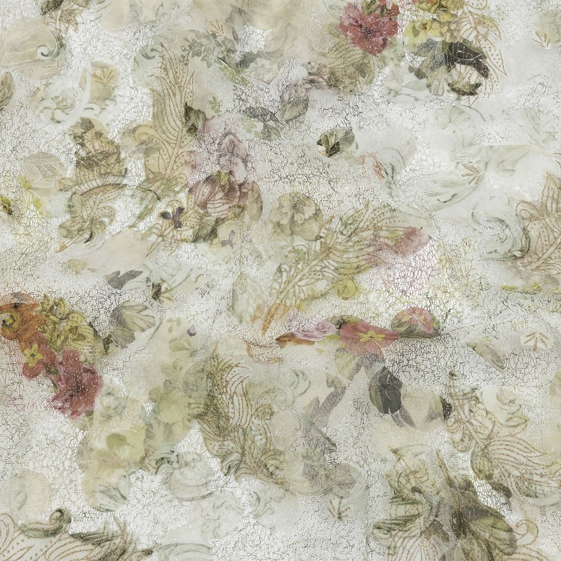 Olive and Cream Leaves and Flowers Printed Metallic Webbing with Organza Circle Appliques