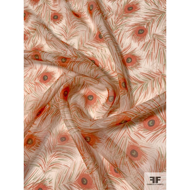 Peacock Feather Printed Silk Chiffon – Burnt Orange / Seaweed Green / Ivory Fabric by the Yard