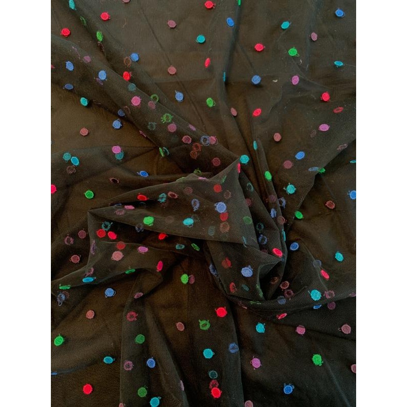 Polka Dot Embroidered Tulle – Black / Multicolor Fabric by the Yard