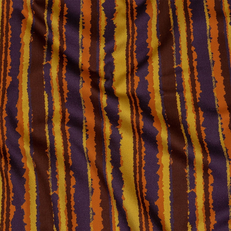 Stretch Cotton Sateen – Purple, Orange and Yellow Stripes – Foliate Pathways Print – Mood Exclusive Jack-O-Lantern Collection