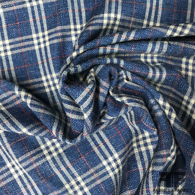 Veronica Beard Italian Plaid Wool and Linen Suiting – Blue/White/Red Fabric by the Yard
