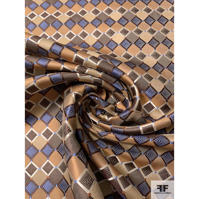 Art Deco Geometric Silk Necktie Jacquard Brocade – Camel / Brown / Tan / Slate Blue Fabric by the Yard
