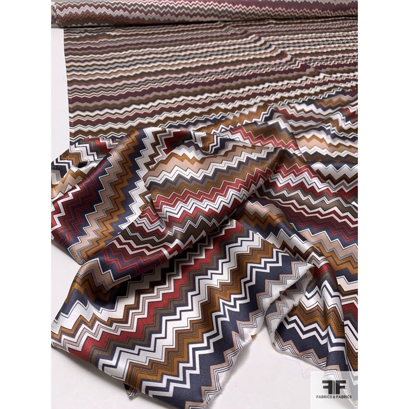 Chevron Printed Silk Charmeuse – Shades of Red / Red Wine / Off-White / Navy Fabric by the Yard