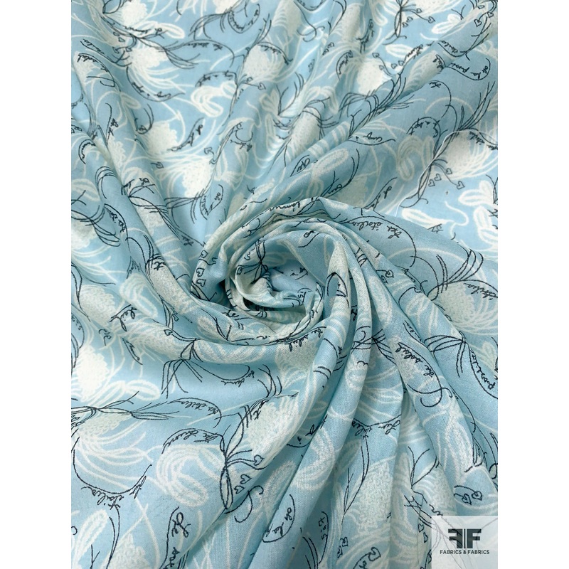 Delicate Hearts in Floral with French Script Printed Cotton Voile – Sky Blue / Off-White / Black Fabric by the Yard