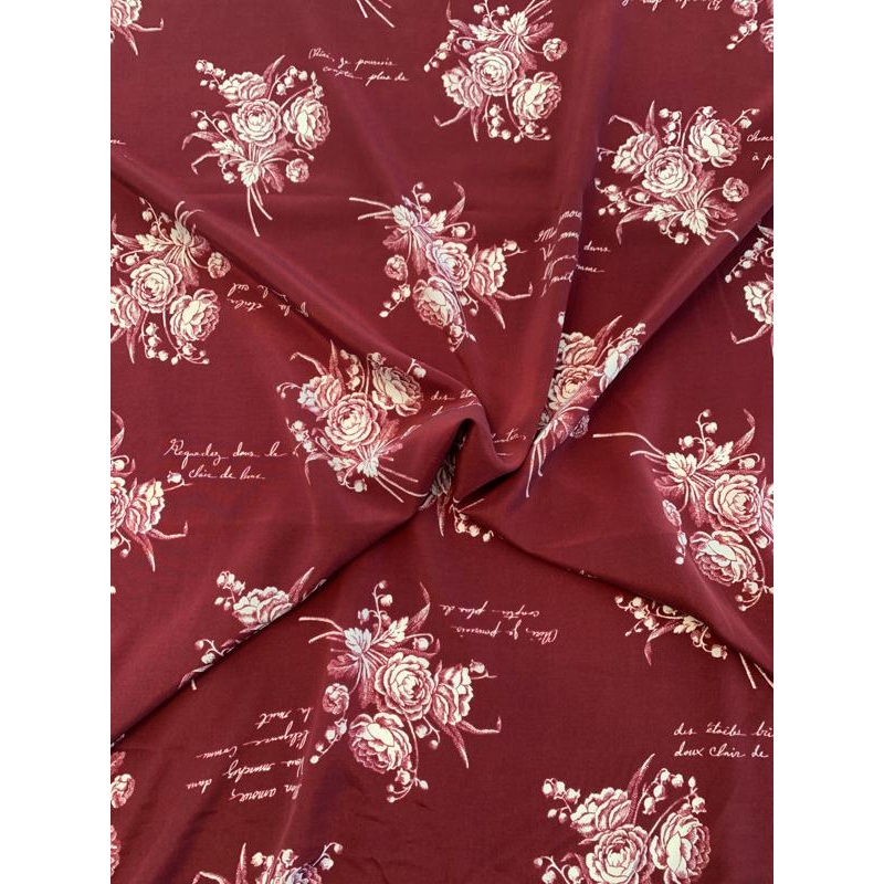 Floral Bouquets and Love Notes in French Printed Silk Crepe de Chine – Maroon / Off-White Fabric by the Yard