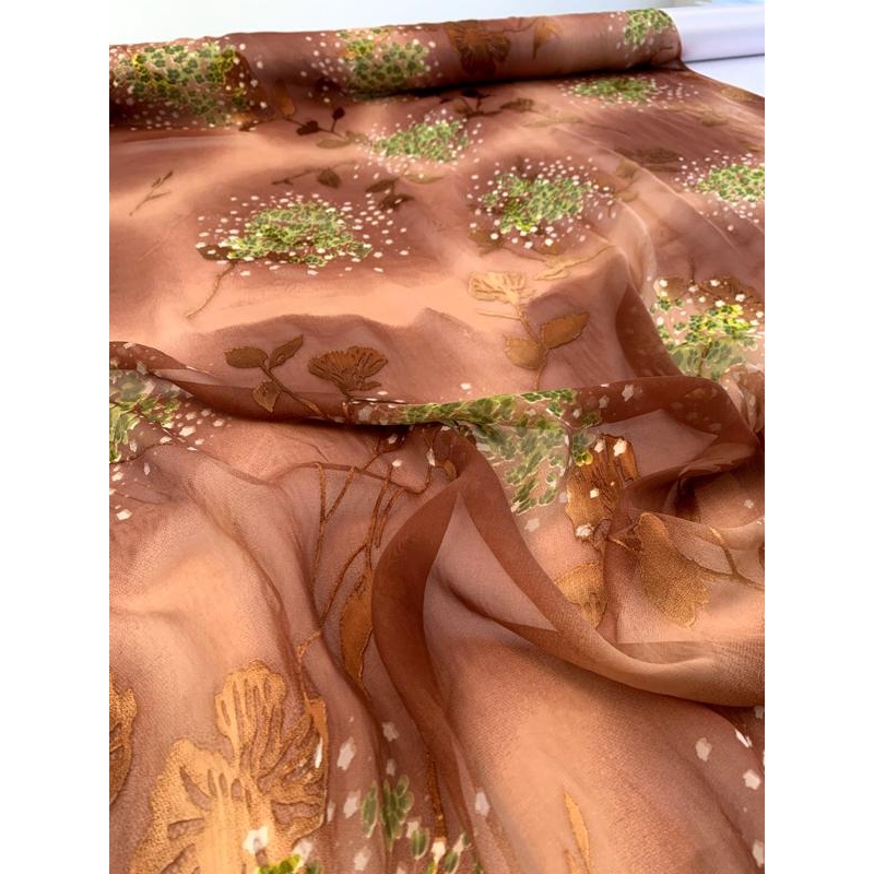 Floral Clusters and Drifting Flowers Burnout Fil Coup Silk Chiffon – Medium Brown / Green Fabric by the Yard