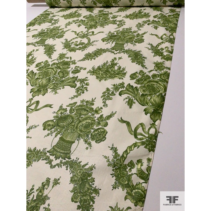 Floral Vases Printed Cotton Lawn – Pickle Green / Ivory Fabric by the Yard