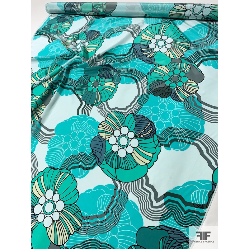 Groovy Large-Scale Floral Printed Silk Crepe de Chine – Turquoise / Light Seafoam / Dusty Teal Fabric by the Yard