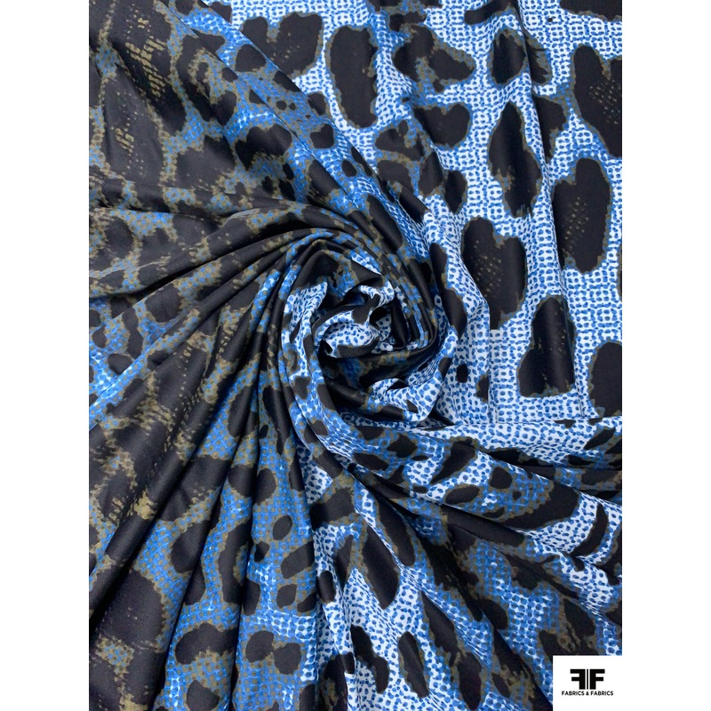 Italian Animal Pattern and Pixel-Dotted Printed Tricot Knit – Blue / Black / Army Green Fabric by the Yard