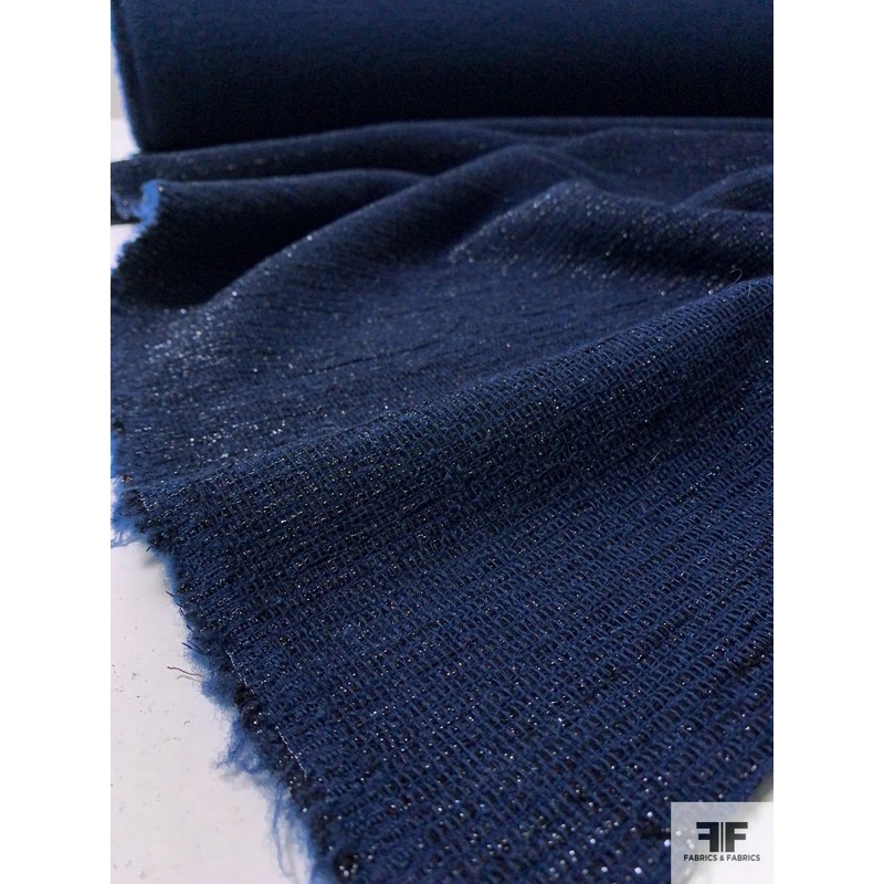 Italian Boucle and Lurex Jacket Weight Wool Tweed – Navy / Metallic Black Fabric by the Yard