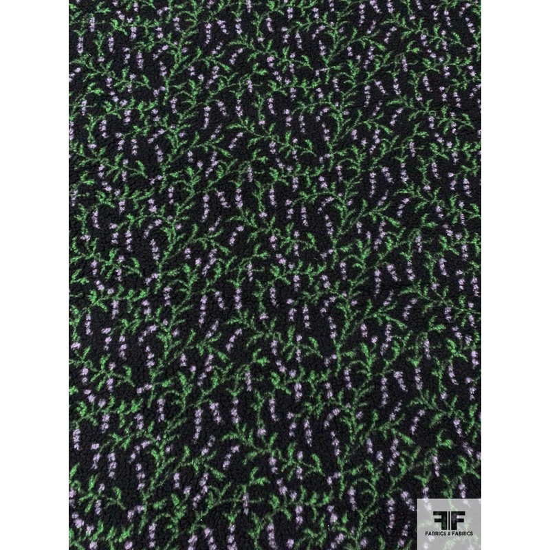 Italian Leaf Vines and Floral Petals Printed Sherpa Fleece – Green / Lilac / Black Fabric by the Yard