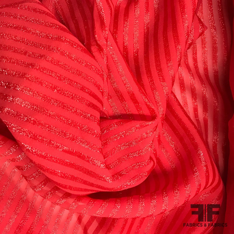 Italian Metallic Striped Chiffon – Bold Red Fabric by the Yard