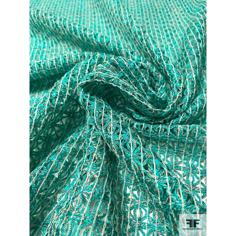 Italian Open Weave Pattern Rayon-Cotton Blend Novelty – Turquoise / White / Navy Fabric by the Yard