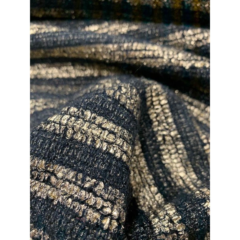 Metallic Foil Striped Printed Woven Wool Tweed Coating – Black / Gold Fabric by the Yard