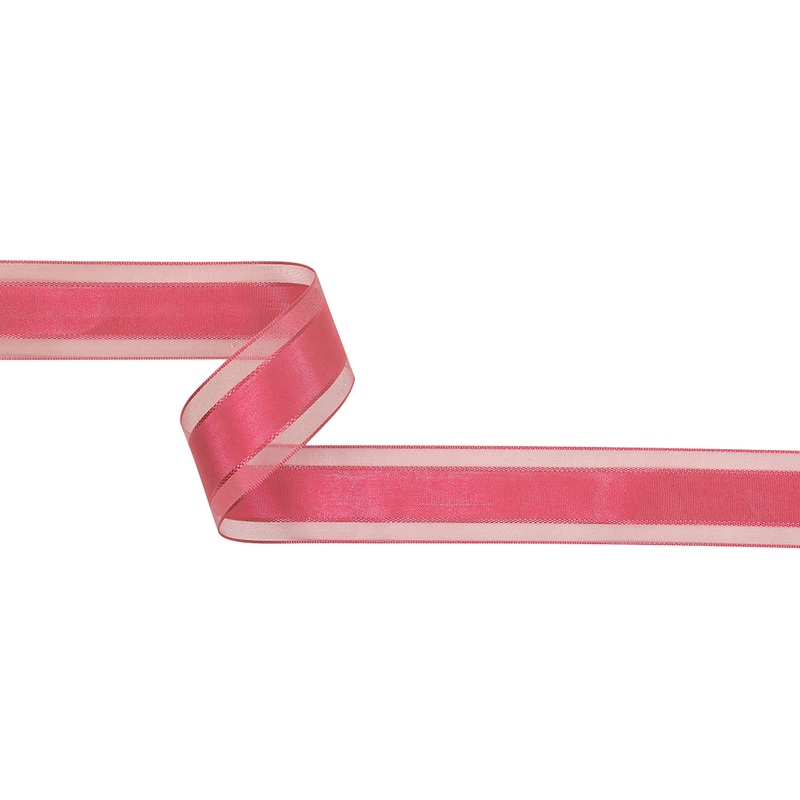 Pink Carnation Woven Ribbon with Sheer Organza Borders – 1″