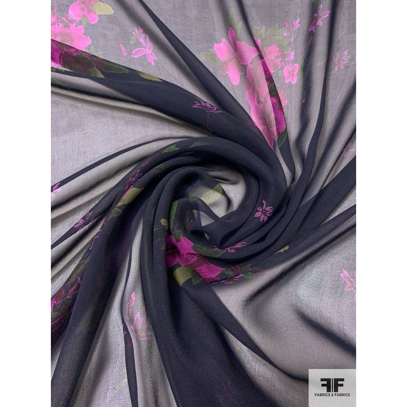 Romantic Floral Printed Silk Chiffon – Navy / Magenta / Green Fabric by the Yard