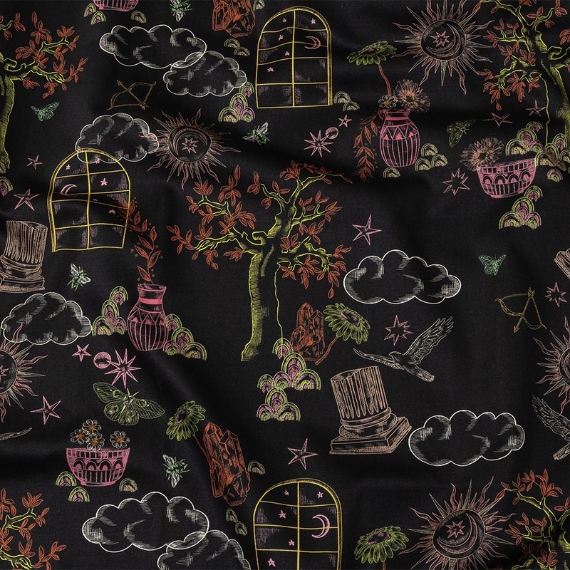 Stretch Cotton Sateen – Black Trees and Windows – Summer Nights Print – Mood Exclusive Citrus Collection