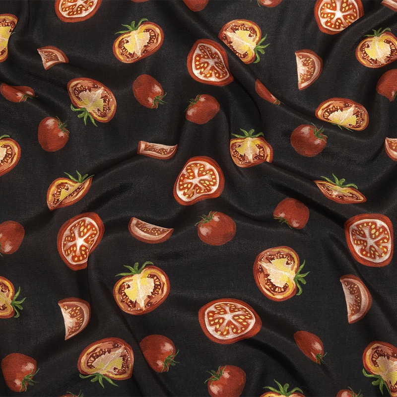 Sustainable Viscose Woven Print – Jet Set Black and Red Tomatoes – Mood Exclusive Homegrown Haute Couture