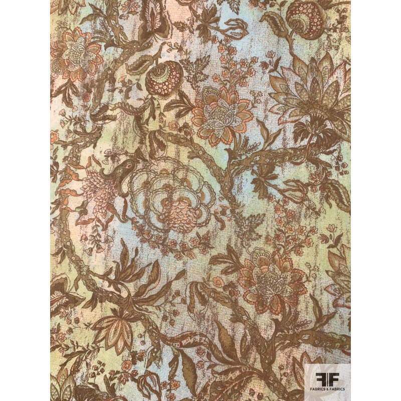 Antique Inspired Ornate Floral Printed Silk Chiffon – Earth Tones Fabric by the Yard