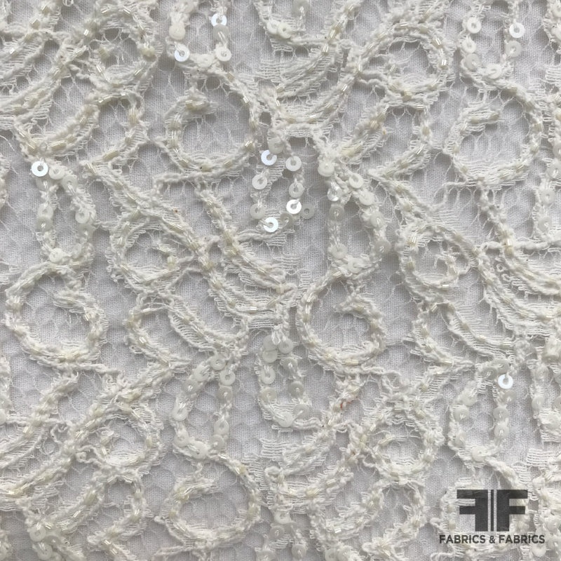 Embroidered Lace with Sequins – Ivory Fabric by the Yard