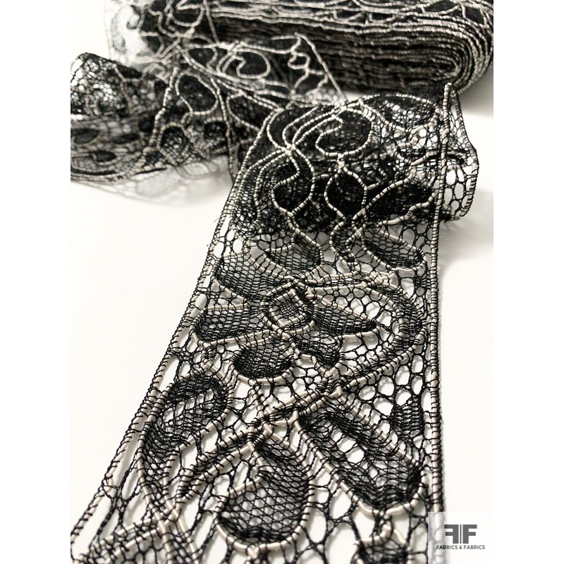 Exotic Floral Corded Lace Trim – Black / Off-White Fabric by the Yard