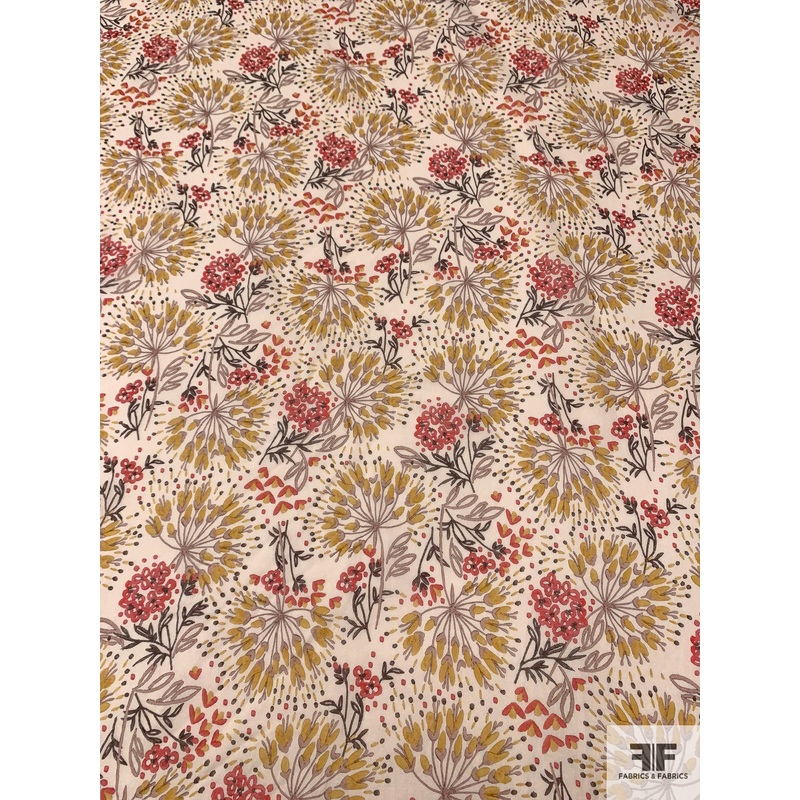 Exotic Floral Printed Cotton Voile – Mustard Yellow / Vermilion / Beige Fabric by the Yard