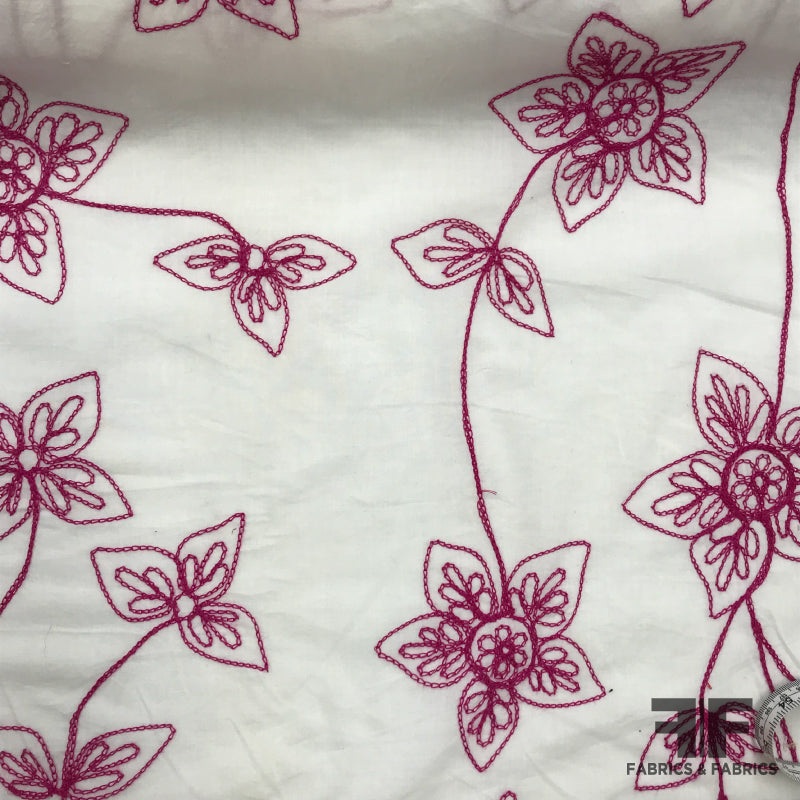 Floral Embroidered Cotton – Magenta/White Fabric by the Yard