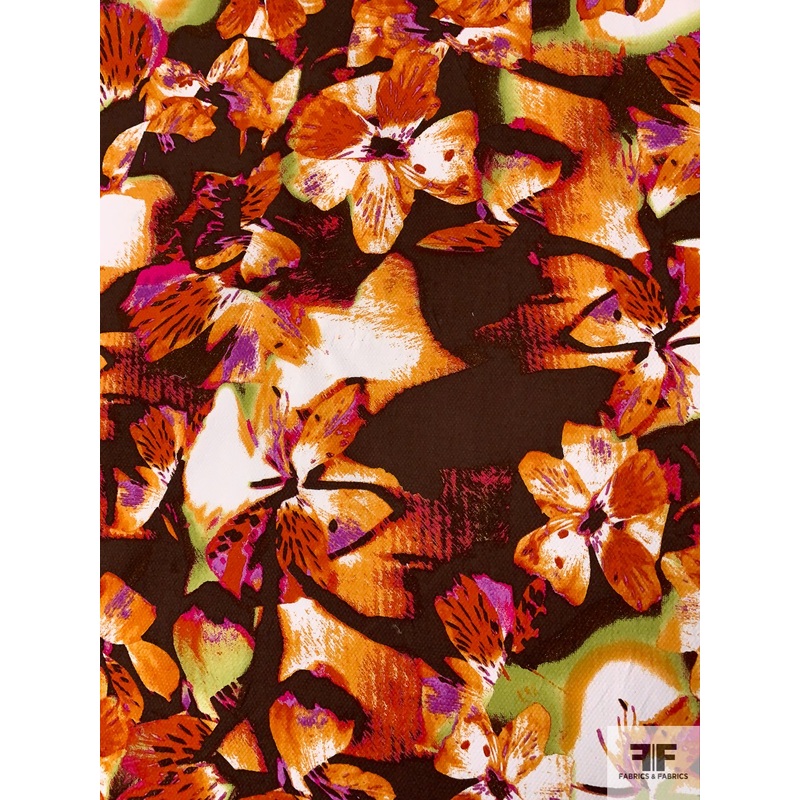 Floral Metamorphasis Printed Stretch Cotton Pique – Brown / Orange / Magenta / Green Fabric by the Yard