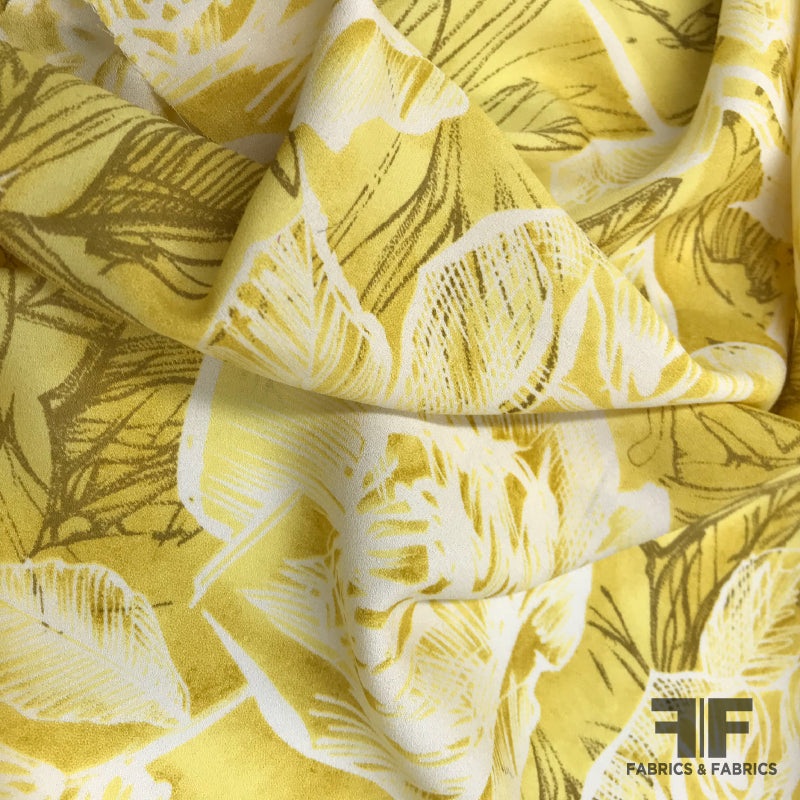 Floral Printed Silk Crepe – Yellow/White Fabric by the Yard