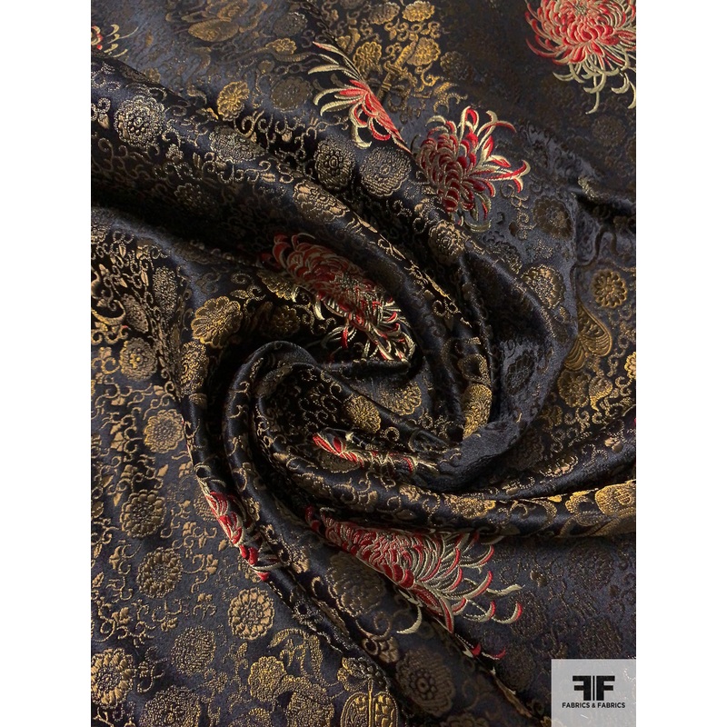 Floral Tentacles Asian Satin Brocade – Black / Gold / Brown / Red Fabric by the Yard