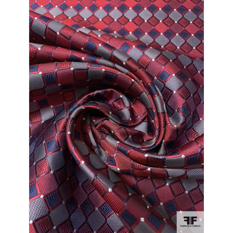 Geometric Silk Necktie Jacquard Brocade – Red / Maroon / Navy / Grey Fabric by the Yard