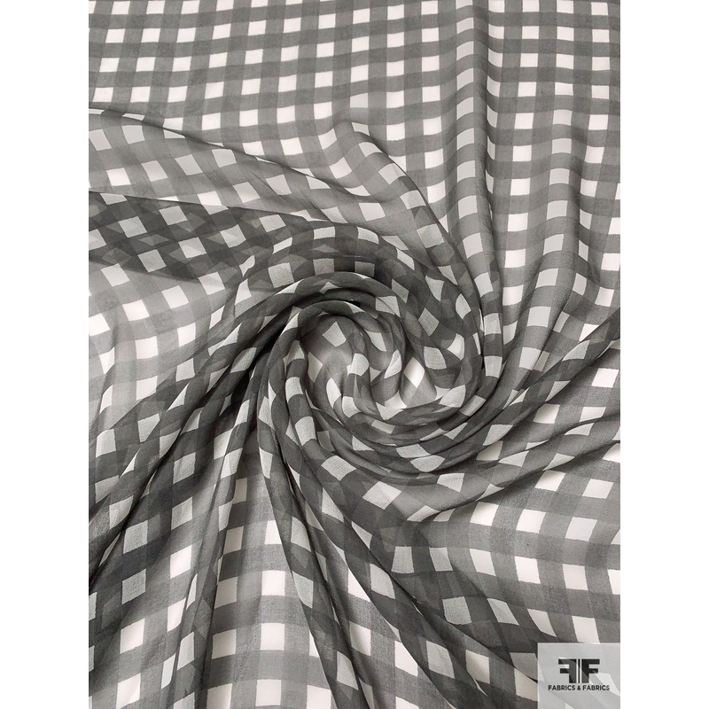 Gingham Check Printed Silk Chiffon – Clay Grey / Off-White Fabric by the Yard